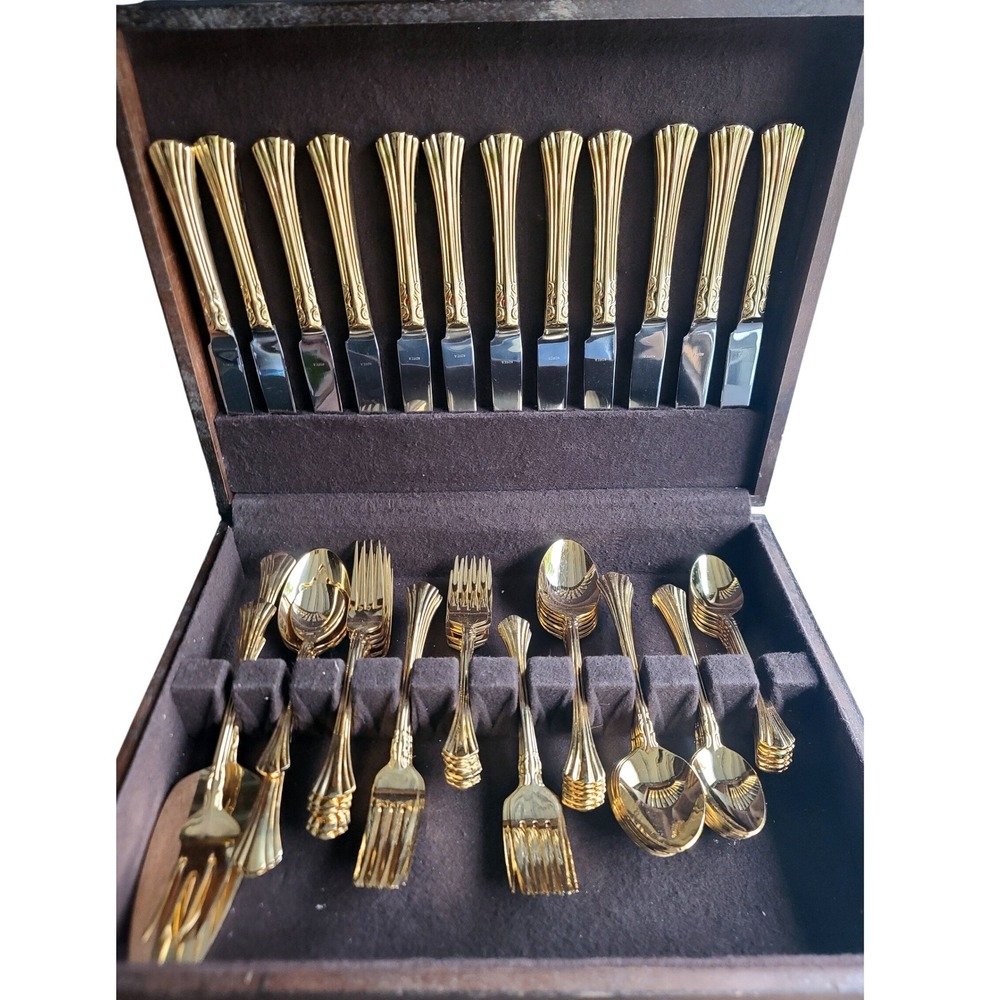 66 PC Supreme Cutlery by Towle Gold Aristocat Electroplated Flatware Set Korea